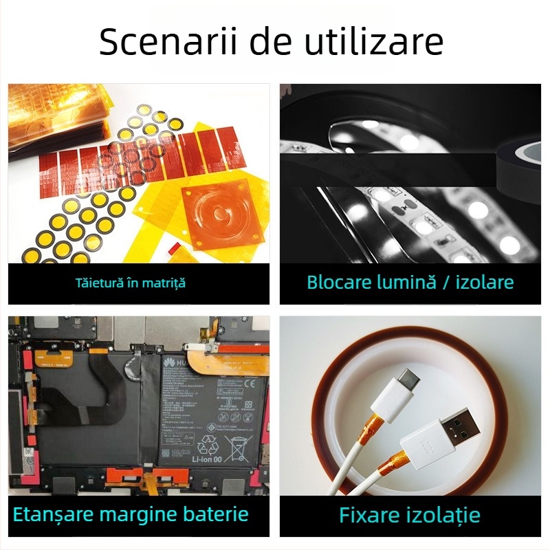 Bandă PET de mască pentru fixarea marginii bateriei, grosime 0,05 mm, adeziv acrilic, rezistență la temperatură pe termen lung 130°C, pe termen scurt 180°C, interval -40°C până la 130°C, necesită unelte pentru tăiere