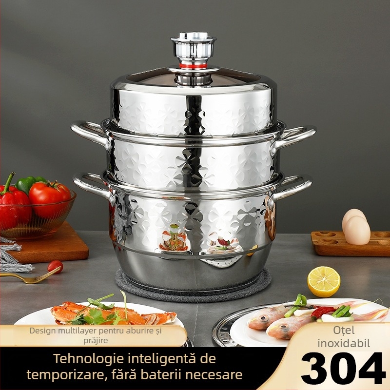 Oală de abur din oțel inoxidabil 304, cu trei etaje, capac transparent – potrivită pentru plită cu inducție, fund multistrat