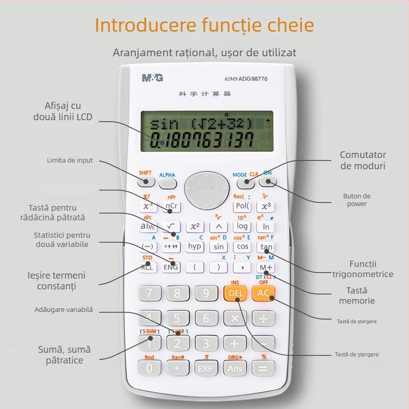 Calculator științific ADG98770K, multifuncțional, afișaj LCD de 12 cifre, alimentat cu baterie tip buton