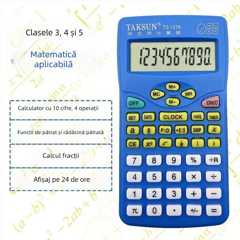 Dexin 127K calculator științific pentru elevi, ecran cu 10 cifre, afișare fracții, carcasă din plastic, funcționează cu baterie uscată obișnuită