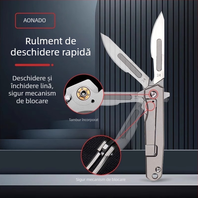 Cuțit scalpel pliabil din aliaj de titan și deschizător de cutii, lamă ascuțită pentru autoapărare, cuțit mini portabil, model 09, lamă No. 24