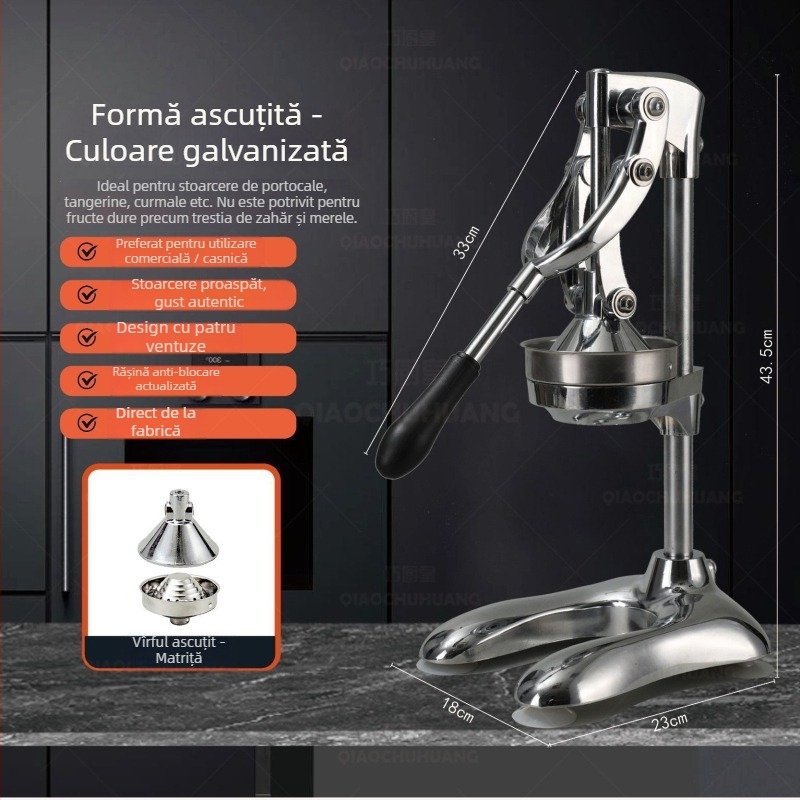 Storcător Manual Citrice – Manivelă Manuală, Non-Electric, Material: aliaj de aluminiu + oțel inoxidabil + PP, Ambalat în cutie