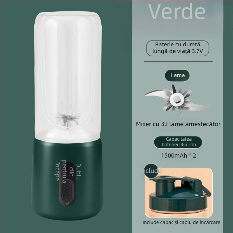 Juicer portabil cu baterie încorporată și încărcare fără fir, 55W, 18001–20000 rpm, capacitate 401–600 ml, recipient din sticlă borosilicată