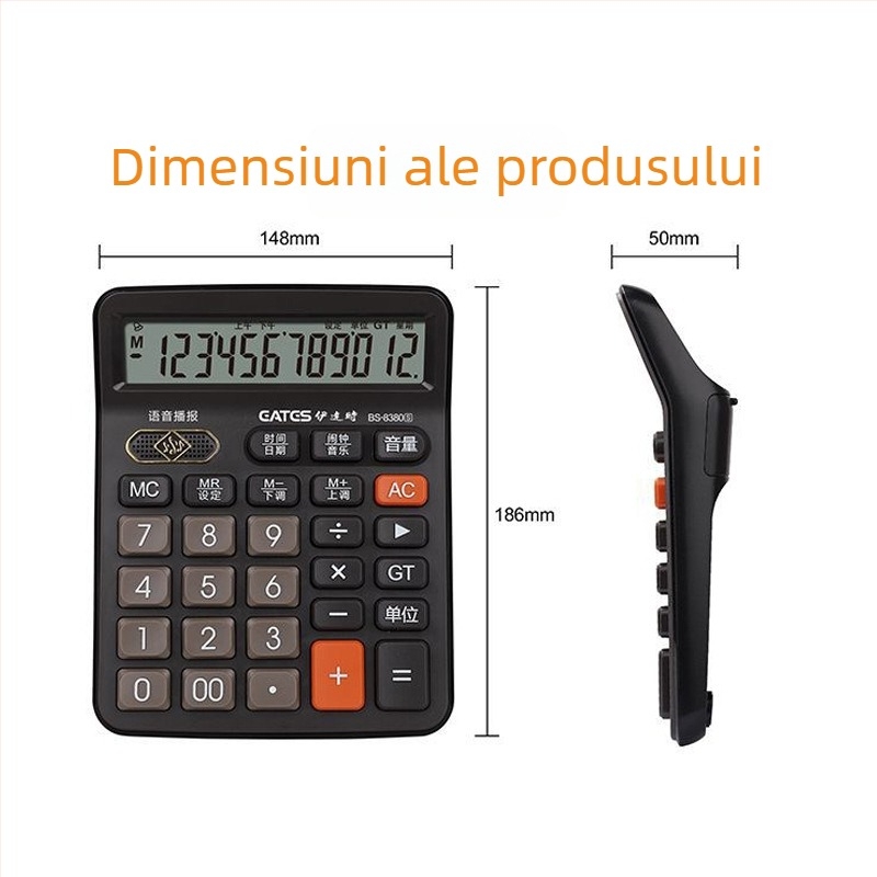 Calculator aritmetic cu voce reală, afișaj de 12 cifre, carcasă ABS, alimentat cu baterii AAA