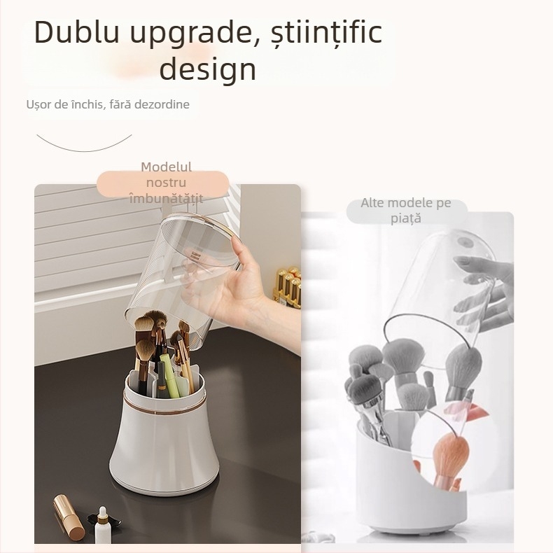 Cutie rotativă de depozitare pentru pensule de machiaj, cu capac și compartimente, ABS+PET, 0,5 L capacitate, pentru cosmetică și papetărie