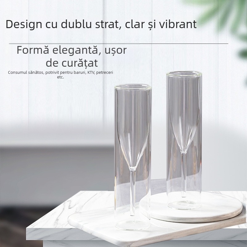 Pahar Joy pentru șampanie, sticlă borosilicată, design cu două straturi transparente, stil simplu