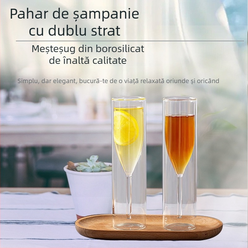 Pahar Joy pentru șampanie, sticlă borosilicată, design cu două straturi transparente, stil simplu
