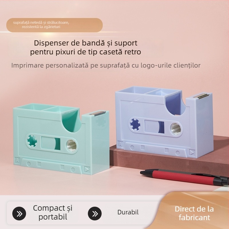Suport de bandă în formă de casetă retro și suport pentru pix, Plastic, Model 01, Imprimare logo disponibil, Lățime bandă reglabilă