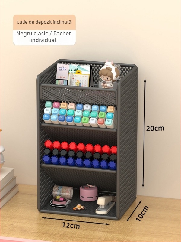 Suport pentru pixuri de birou cu inserție înclinată, organizator metalic cu 4 niveluri