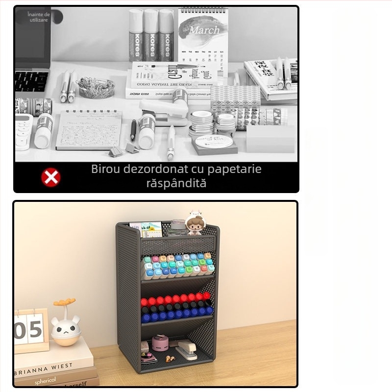 Suport pentru pixuri de birou cu inserție înclinată, organizator metalic cu 4 niveluri