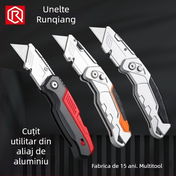 Cuțit de utilitate pliabil din aliaj de aluminiu, cu tăietor pentru cabluri și cuțit cu cârlig pentru electrician
