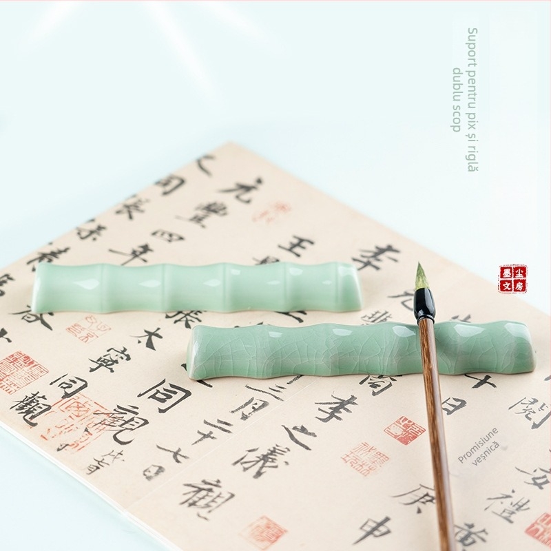 Suport ceramic în formă de bambus pentru pix – suport de birou și ornament pentru caligrafie și pictură chineză tradițională