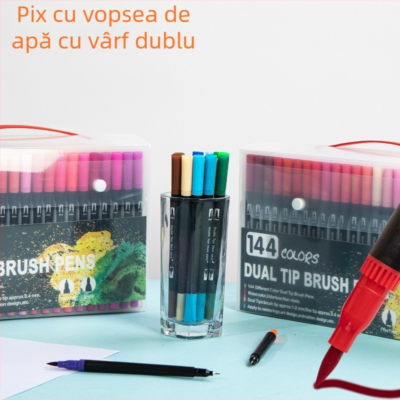 Set pentru copii: markere cu vârf dublu, lavabile, vârf moale, în cutie din PVC – set de markere pentru acuarelă