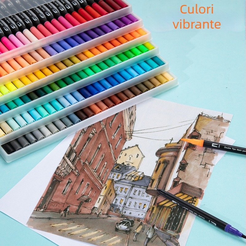 Set pentru copii: markere cu vârf dublu, lavabile, vârf moale, în cutie din PVC – set de markere pentru acuarelă