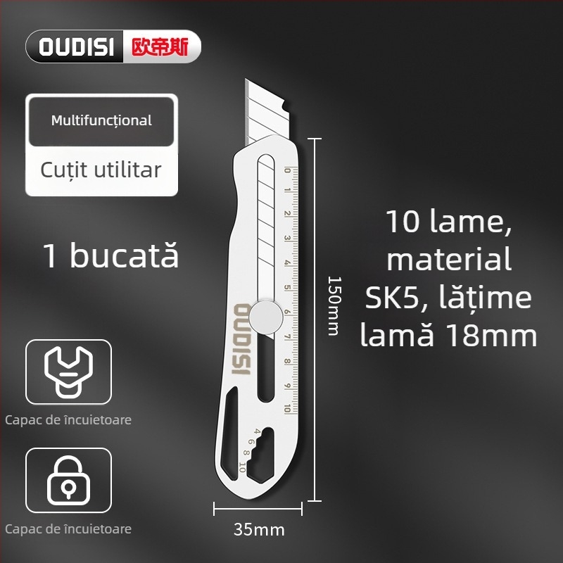 Cuțit de artă din oțel inoxidabil; construcție robustă, de calitate industrială, complet metalică; material: oțel inoxidabil; greutate: 0,12 kg; potrivit pentru hârtie, tapet și deschiderea coletelor.