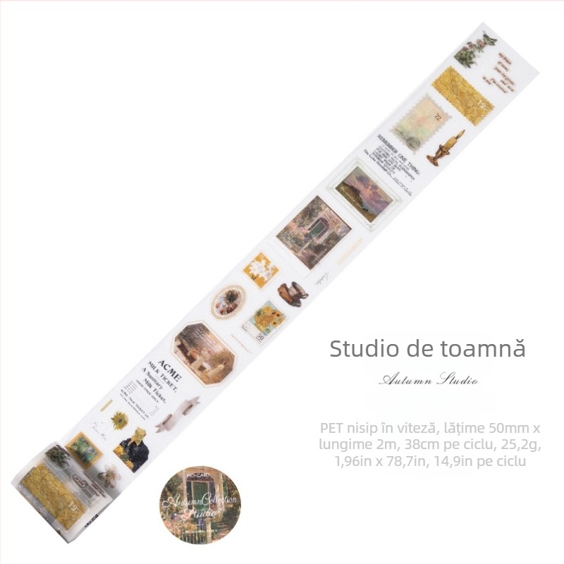 Bandă PET tăiată prin die-cut cu textură Flash Sand, motiv retro de pictură în ulei, Yu Xian, utilizare multiplă pentru jurnal DIY și husă de telefon, grosime 0.04 mm