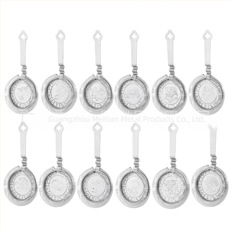 Instrument de bar pentru filtrare a gheții – filtru pentru cocktail cu motivul celor 12 zodii, oțel inoxidabil, imprimare logo posibilă, personalizare