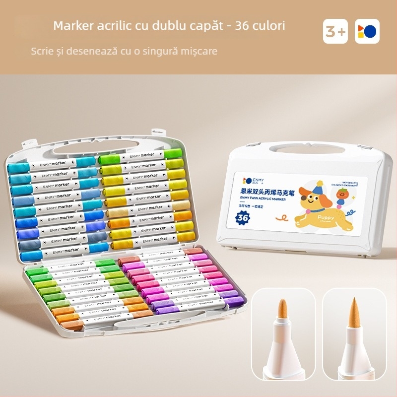 Enmi Markere acrilice cu dublă vârf pentru copii și elevi, opace, pe bază de apă, set cu pensule