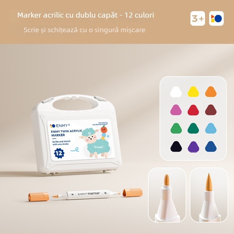Enmi Markere acrilice cu dublă vârf pentru copii și elevi, opace, pe bază de apă, set cu pensule