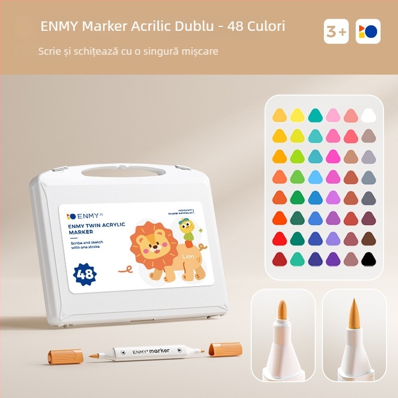 Enmi Markere acrilice cu dublă vârf pentru copii și elevi, opace, pe bază de apă, set cu pensule