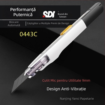 Cuțit de artă cu clemă antișoc și blocare automată, unghi ascuțit de 30° – model 0443C, lamă din oțel aliaj 0.4×9×75 mm, greutate netă 0.07 kg