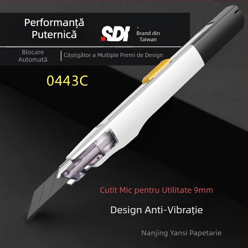 Cuțit de artă cu clemă antișoc și blocare automată, unghi ascuțit de 30° – model 0443C, lamă din oțel aliaj 0.4×9×75 mm, greutate netă 0.07 kg