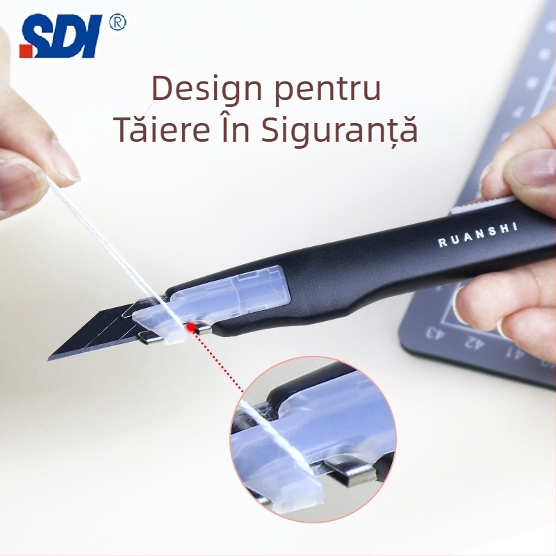 Cuțit de artă cu clemă antișoc și blocare automată, unghi ascuțit de 30° – model 0443C, lamă din oțel aliaj 0.4×9×75 mm, greutate netă 0.07 kg