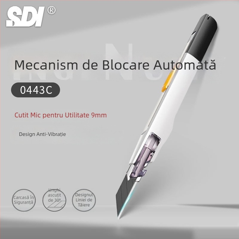 Cuțit de artă cu clemă antișoc și blocare automată, unghi ascuțit de 30° – model 0443C, lamă din oțel aliaj 0.4×9×75 mm, greutate netă 0.07 kg