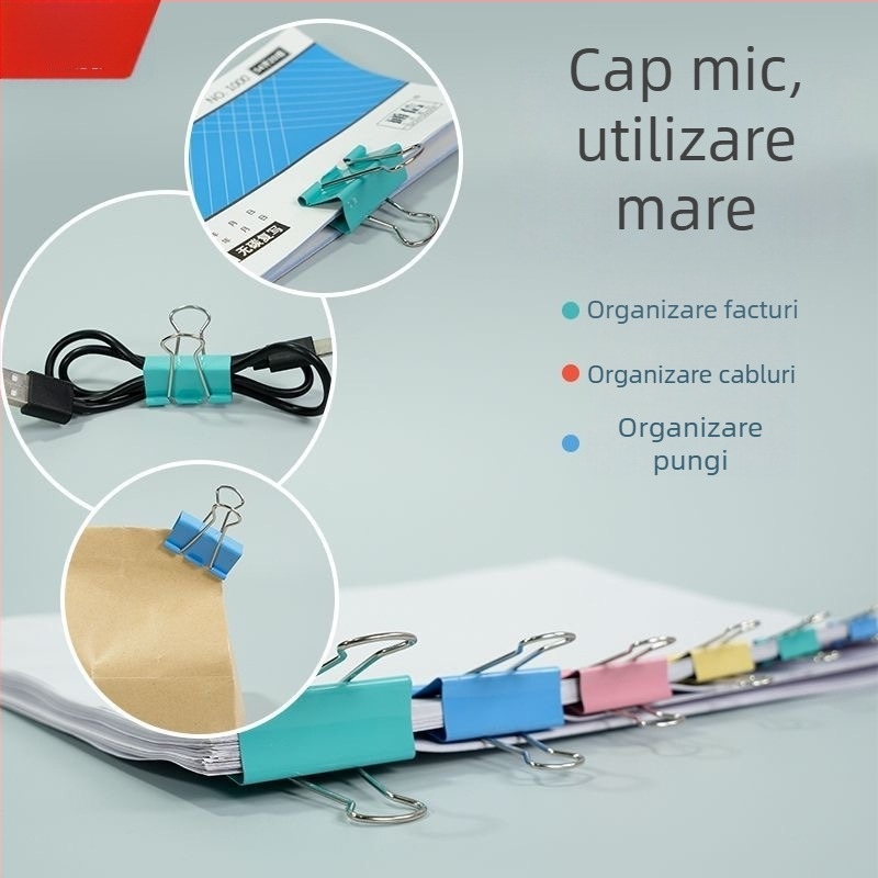Cleme metalice colorate pentru birou, cleme pentru documente cu coadă lungă, în dimensiuni mari și mici.