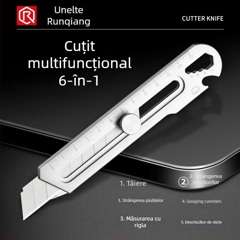 Cuțit utilitar din oțel inox, șase în unu, robust, lamă îngroșată pentru tapet, lamă 0.5×18×100 mm