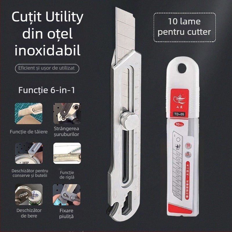 Cuțit utilitar din oțel inox, șase în unu, robust, lamă îngroșată pentru tapet, lamă 0.5×18×100 mm