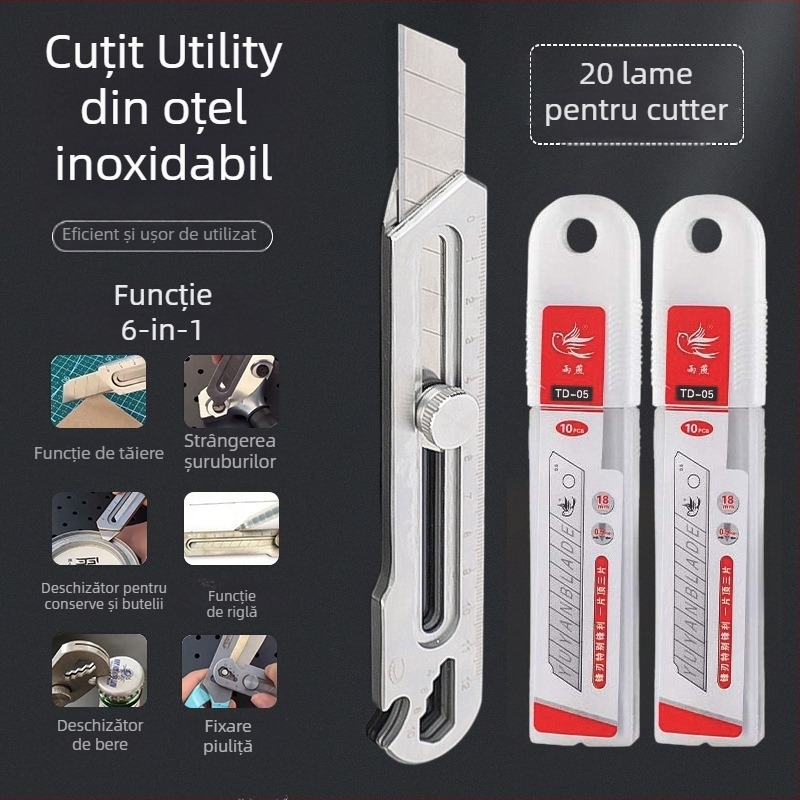 Cuțit utilitar din oțel inox, șase în unu, robust, lamă îngroșată pentru tapet, lamă 0.5×18×100 mm
