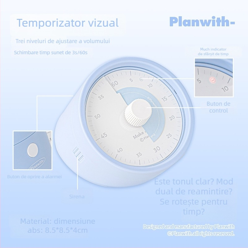 Planwith Pw259b Timer vizual pentru planificarea timpului cu notificare vocală, material ABS, baterie inclusă