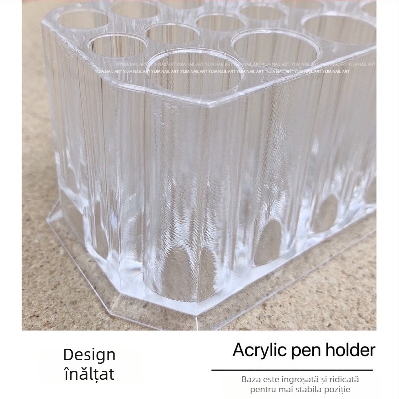 Suport pentru pensule de manichiură, 26 găuri, acrilic transparent, capac de protecție metalic