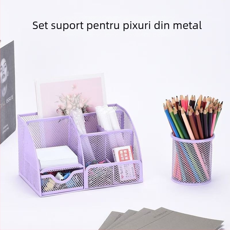 Organizator metalic pentru pixuri și birou, cu capacitate mare – cutie de depozitare multifuncțională pentru birou