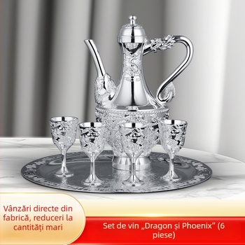 Set de vin din argint cu Dragon și Phoenix, pot de vin și pahare din argint, ornament lucrat manual cu placare argintată, pahar pentru vin alb, cadou de nuntă pentru gospodărie