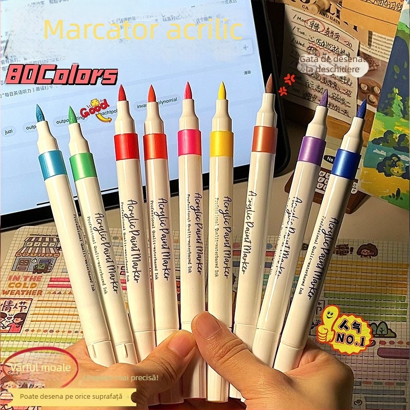 Set de markere acrilice cu vârf moale, capacitate mare, cutie cadou, rezistente la apă și nu se estompează, 80 de culori.