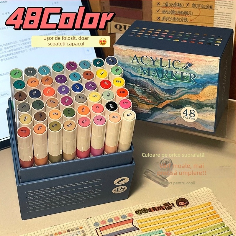 Set de markere acrilice cu vârf moale, capacitate mare, cutie cadou, rezistente la apă și nu se estompează, 80 de culori.