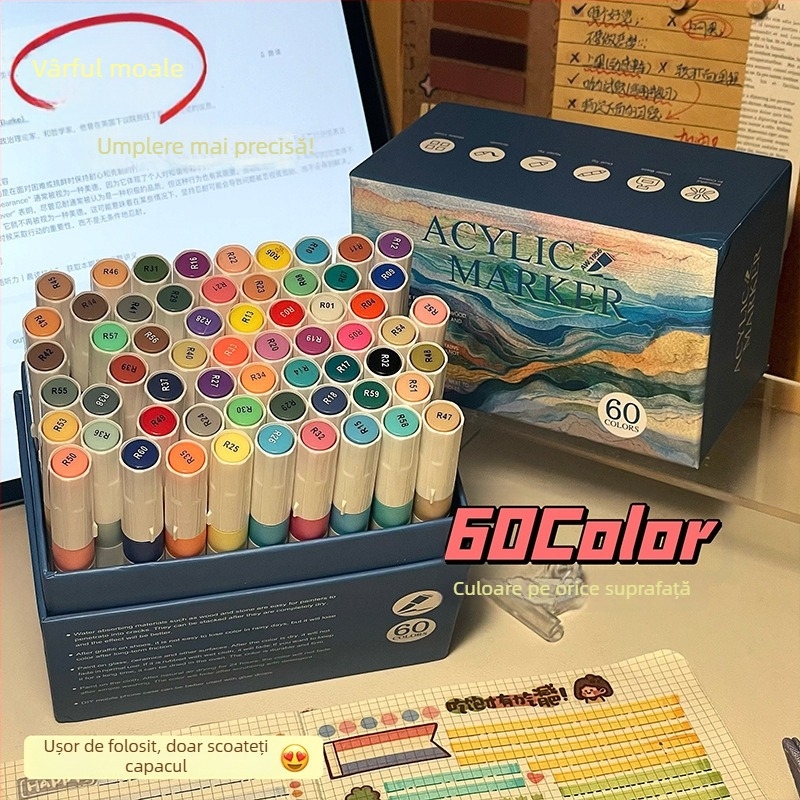 Set de markere acrilice cu vârf moale, capacitate mare, cutie cadou, rezistente la apă și nu se estompează, 80 de culori.