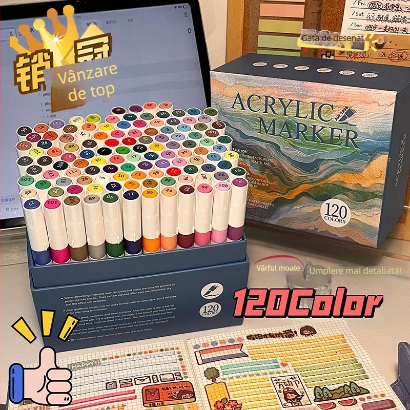 Set de markere acrilice cu vârf moale, capacitate mare, cutie cadou, rezistente la apă și nu se estompează, 80 de culori.