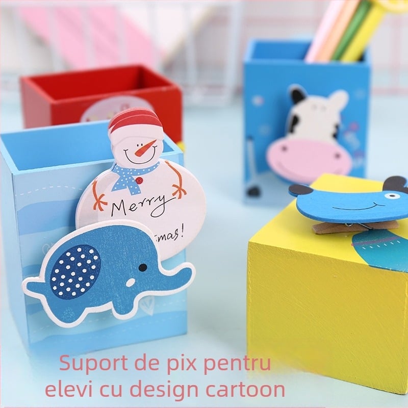 Suport de pixuri din lemn cu motiv de animal, formă pătrată, model A182, Meow Ear
