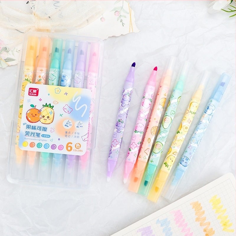 Marker de evidențiere cu vârfuri duble, șters – set de 6 bucăți, model 538, brand Huilin