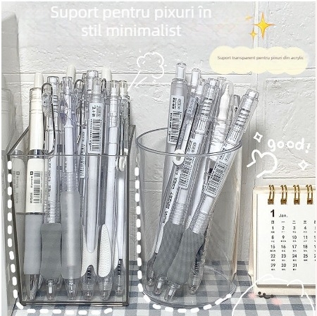 Suport pentru pixuri în stil Muji, rotund, transparent, pentru birou