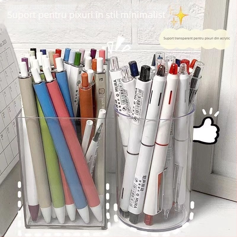 Suport pentru pixuri în stil Muji, rotund, transparent, pentru birou