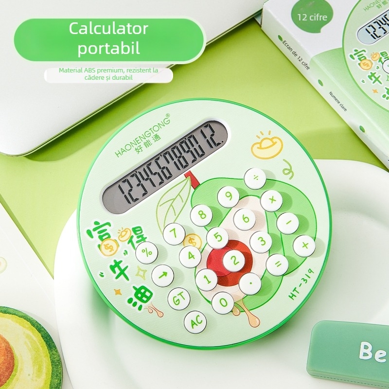Calculator cu afișaj de 12 cifre, design rotunjit inspirat din fructe, carcasă din plastic, funcționează cu baterii uscate standard (nu sunt incluse)
