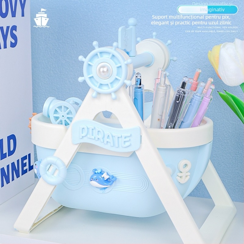 Suport pentru pixuri în formă de corabie pirat, din plastic, model HDCBT009, personalizare la cerere, logo imprimat