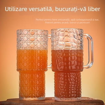 Cană de bere din sticlă cu mâner, stil modern minimalist, sticlă sodă-lime, capacitate 401–500 ml, ambalaj în cutie din carton