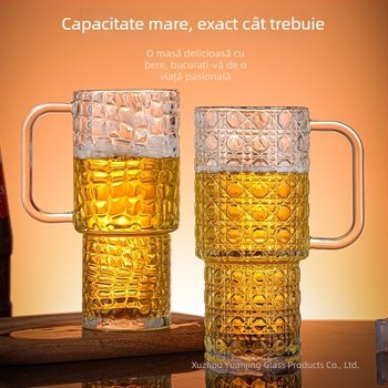 Cană de bere din sticlă cu mâner, stil modern minimalist, sticlă sodă-lime, capacitate 401–500 ml, ambalaj în cutie din carton