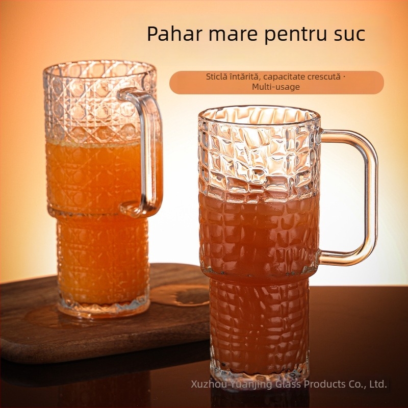 Cană de bere din sticlă cu mâner, stil modern minimalist, sticlă sodă-lime, capacitate 401–500 ml, ambalaj în cutie din carton