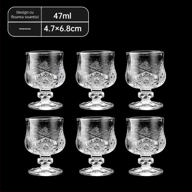 Pahar de vin din sticlă cu model floral gravat, picior înalt, capacitate 50 ml